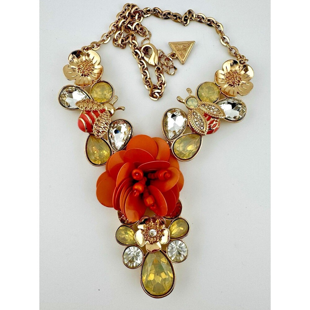 GUESS Statement Necklace Y2K Bee Orange Flower Rhinestone Gold Tone Floral